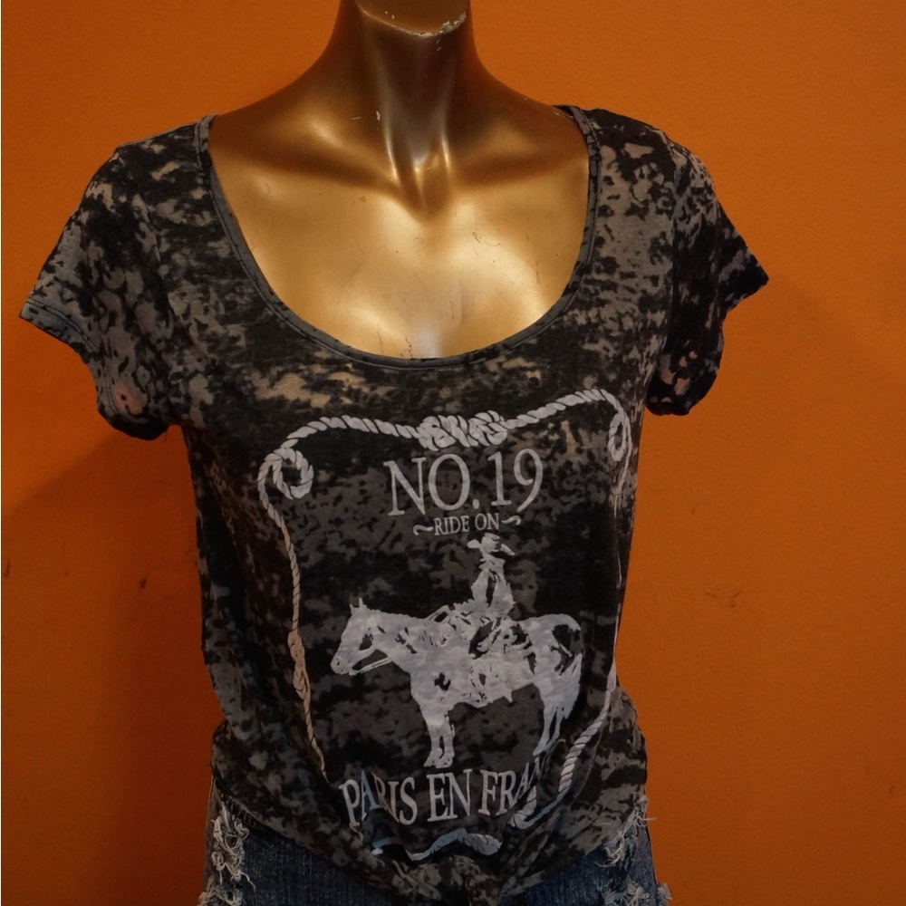 Black Burnout Short Sleeve Cow Girl Style Top Size S